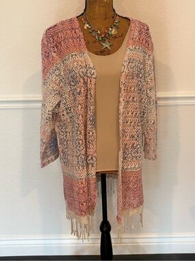 REBA Plus Size 3X Crocheted Lace Open Cardigan Fringed Pink Purple Cover Up